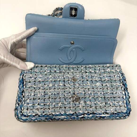 CHANEL19C Blue Braided Tweed Classic Medium Double Flap Bag Silver Hardware - Picture 7 of 14